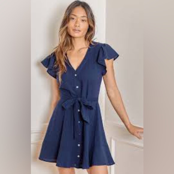 Lulus Dresses & Skirts - Lulus Daytime Dreamer Navy Blue Flare Dress Flutter Sleeve Belted Cotton M NEW